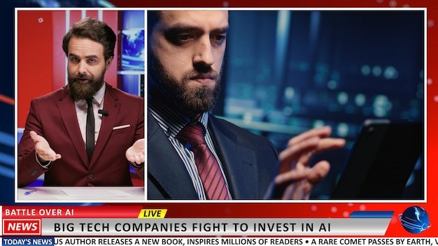 A split image showing a real news broadcast on one side and a convincingly faked, AI-generated version on the other. The fake broadcast features a public figure making controversial statements.
