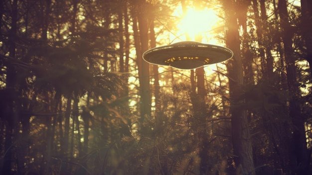 A blurred photograph of a strange, glowing orb floating in the air near a wooded area, suggesting an unidentified flying object (UFO).