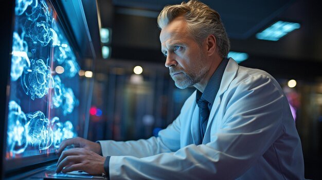 A scientist in a lab coat examining a complex array of digital information on a computer screen, representing the data analysis aspect of studying unexplained phenomena.
