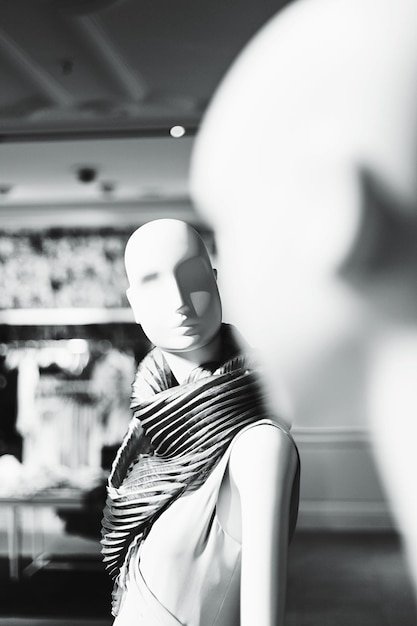 A black and white photograph of a mannequin in a 1950s department store window. The mannequin is posed in a dramatic fashion, with spotlight enhancing its eerie stillness.