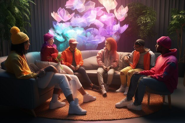 A virtual séance scene with multiple avatars gathered around a table, attempting to communicate with digital spirits in a dimly lit room.
