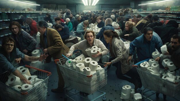 A digital composite image showing a split screen: one side depicts chaotic scenes of shoppers grabbing toilet paper, while the other side displays a calm and orderly warehouse filled with stacks of toilet paper.